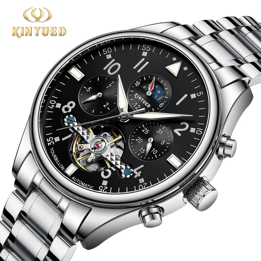 KINYUED 全自動多功能機械錶 鏤空男士手錶 時尚機械手錶 鋼錶帶商務腕錶 K028
