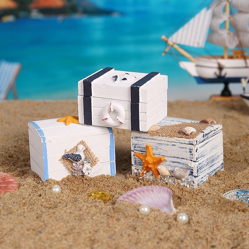 【曼達家居生活館】高級地中海小木盒創意擺件海洋風兒童寶箱抗氧化小物件收納首飾盒