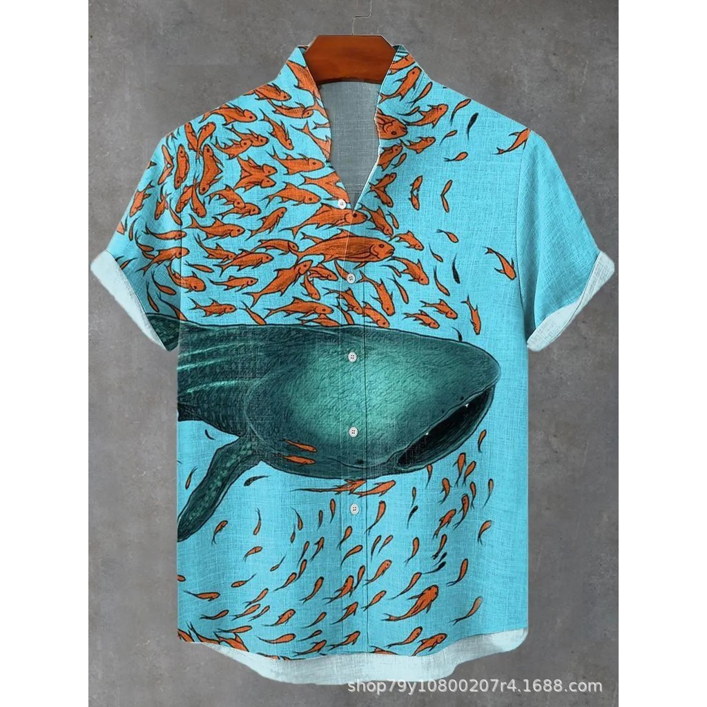 2024男士襯衫熱賣夏威夷襯衫大魚吃小魚圖案歐碼沙灘外貿男士加大碼襯衫