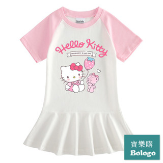 夏季 韓版 Hello Kitty 童裝 凱蒂貓卡通短袖女孩洋裝 兒童連身裙 撞色女寶寶洋氣百褶裙子