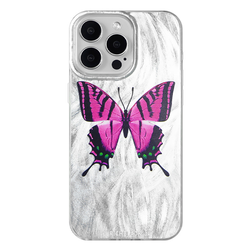 RichBlack原創設計粉色蝴蝶圖案印花羽紗銀色手機殼適用於蘋果15iPhone14ProMax