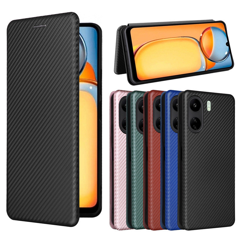 適用小米 Redmi 紅米13C手機殼保護套翻蓋磁扣插卡簡約復古紅米13C耐磨耐髒碳纖維素面色書本式防摔手機殼