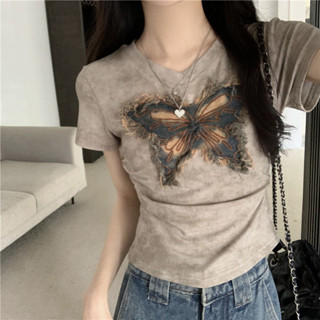 【DG】復古美式刺繡圖案 蝴蝶結t恤 刺繡 短袖T恤 短版上衣 夏季女裝 設計感上衣 上衣 短款上衣 v領短袖