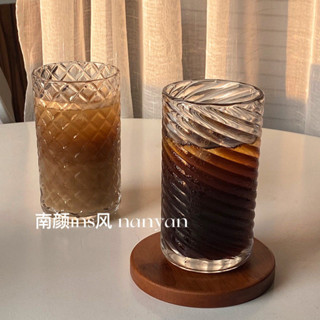 [D0312]ins風浮鵰螺紋玻璃杯子 美式咖啡杯蘇打氣泡水飲料玻璃果汁杯洋酒杯餐廳威士忌杯子果汁牛奶早餐杯