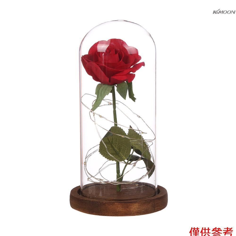 創意帶銅線燈永生花假花玻璃罩擺件生日禮品玫瑰花裝飾品 棕色底座