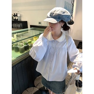 FXDAZI!個性襯衫學院風設計感小眾條紋長袖襯衫女秋季新款顯瘦寬鬆上衣