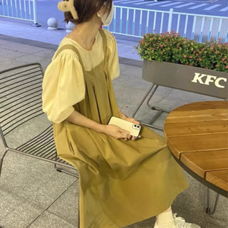 【HOT 本舖】 法式背帶連衣裙女2025夏季新款復古泡泡袖襯衫小個子裙子兩件套裝