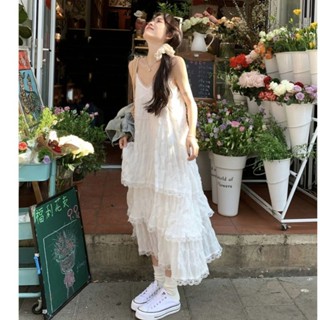 【HOT 本舖】 白色吊帶連衣裙女夏季甜美蕾絲蛋糕裙海邊度假沙灘裙氣質顯瘦長裙