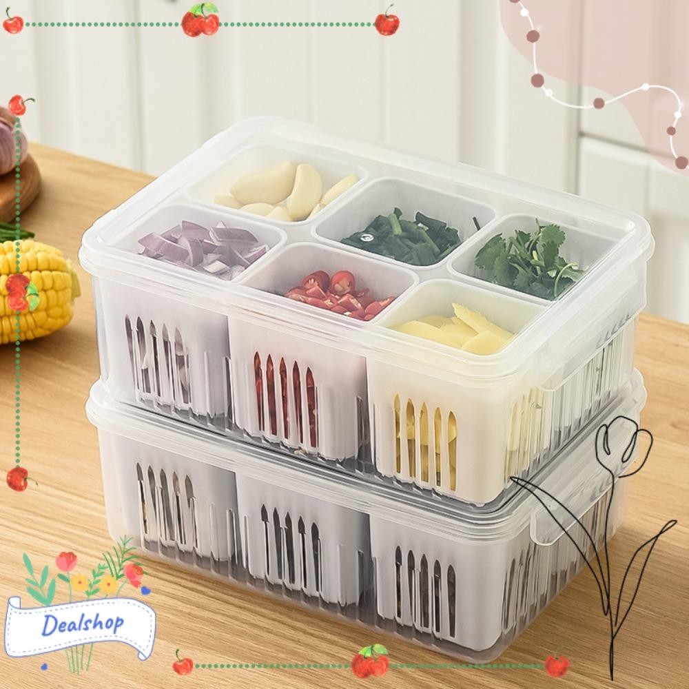 DEALSHOP大蒜保鮮盒雙層六格透明廚房小工具排水儲物箱密封食品儲物盒帶蓋蔬菜盒