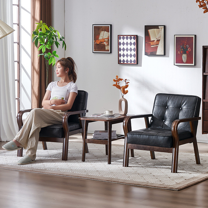 『 卡門 · KM 』皮藝組合小戶型咖啡廳休閑實木椅單雙三人會客客廳北歐簡約沙發椅