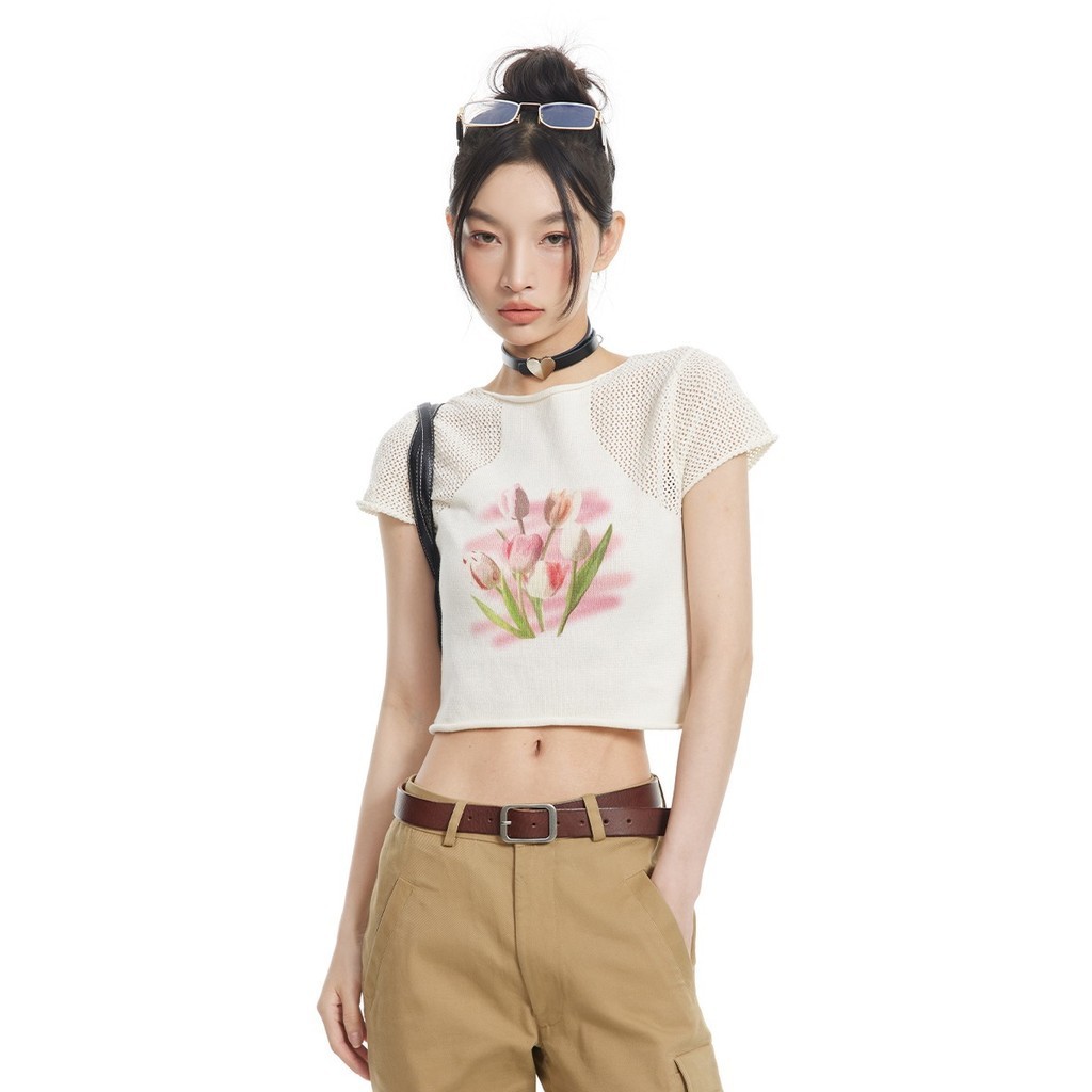 【ideal】短版網紗花朵印花短袖夏季防晒顯瘦辣妹內搭上衣