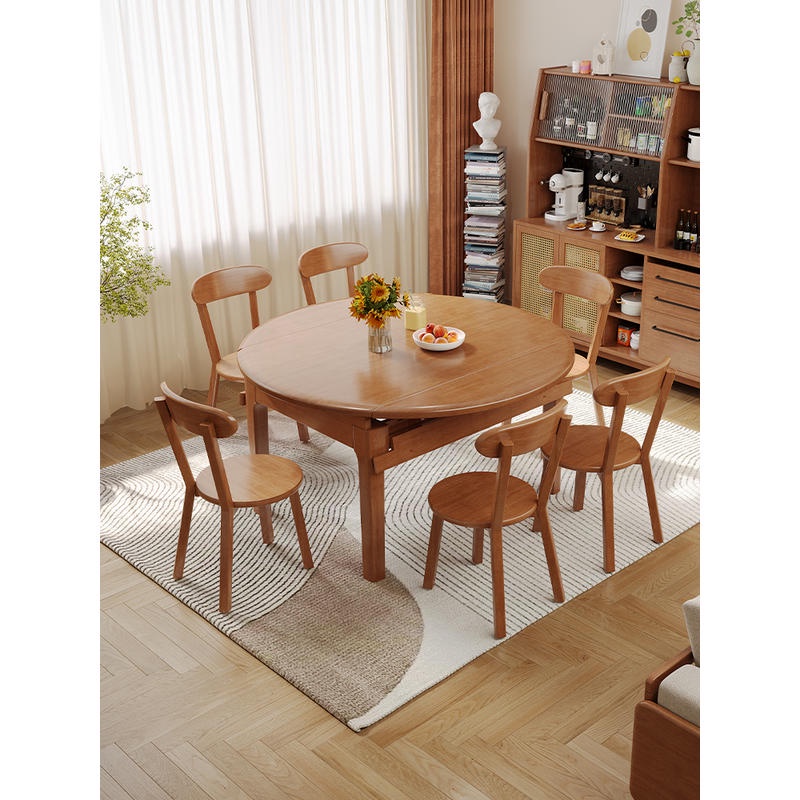 現款/北歐實木餐桌椅組合木質方圓兩用飯桌日式原木風可伸縮折疊圓餐桌