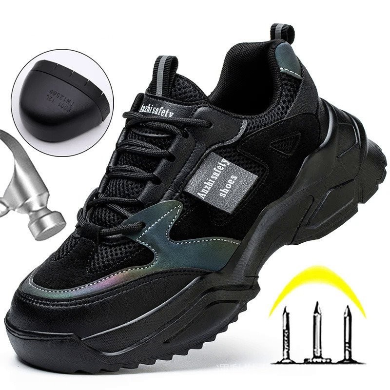 女式反光工作安全鞋防穿刺工作運動鞋女士鋼頭鞋透氣安全防護鞋 0XIM