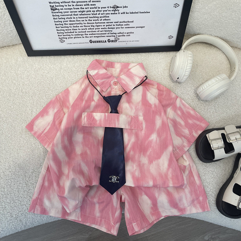 SK男童短袖襯衫套裝2024夏季女寶韓版領帶粉色雪紡襯衫短褲三件式潮