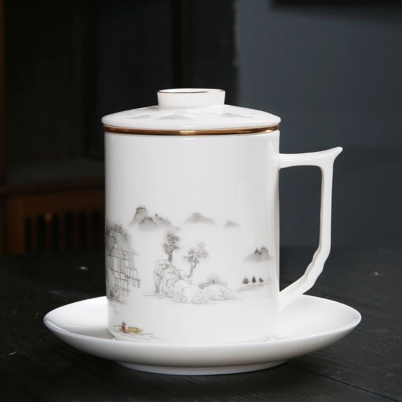 德化羊脂玉 瓷辦公杯 茶水分離 帶過濾 山水墨彩 高端陶瓷 茶杯 禮盒訂製