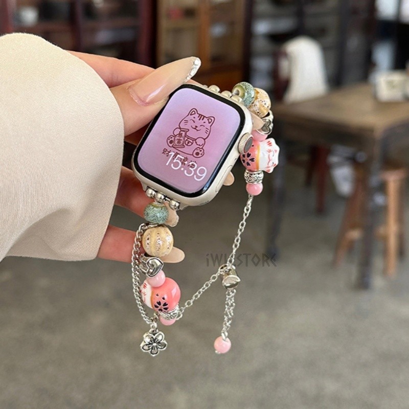 陶瓷招財貓串珠錶帶 鏈式錶帶 適用於 Apple Watch 9 8 7 6 5 SE 蘋果手錶錶帶 41mm 45mm