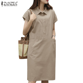 Zanzea 女式韓版時尚簡約翻領短袖口袋襯衫裙
