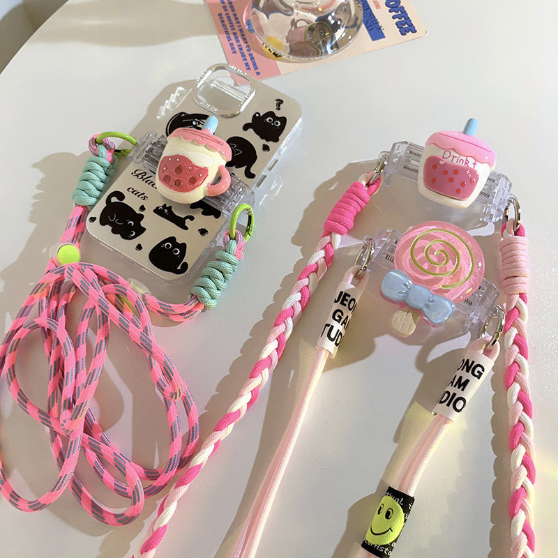 少女手機掛繩心立體奶茶棒棒糖背夾斜跨手機鏈揹帶式通用手機殼編織加長繩
