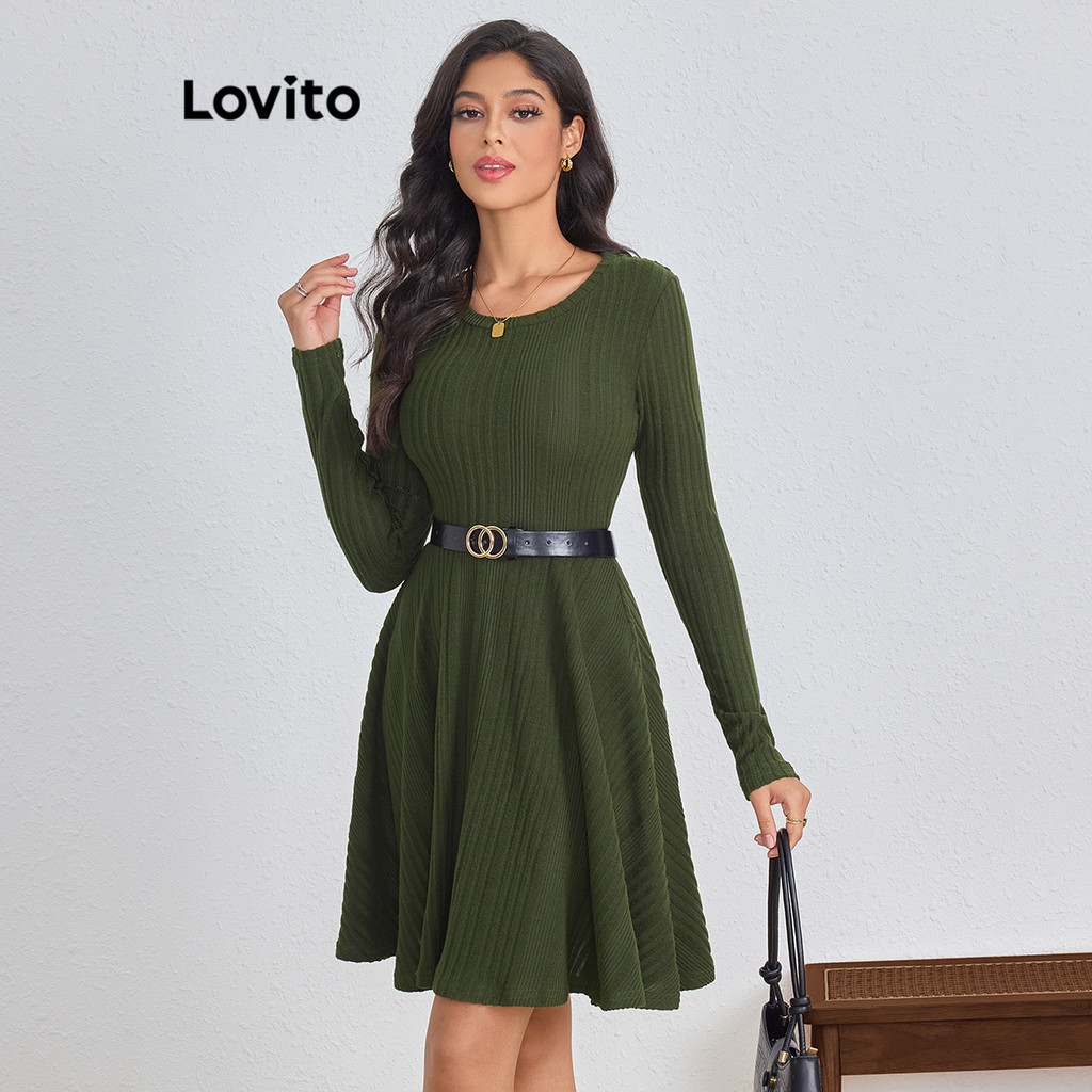 Lovito 女款休閒素色荷葉邊下擺連身裙 LBL11398