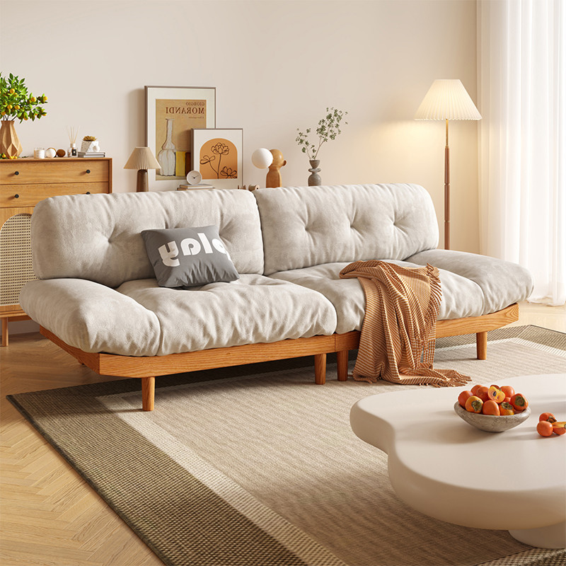 現代簡約原木風實木雲朵沙發客廳小戶型日式雙人三人位絨布藝沙發