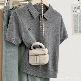 【臺灣出貨】【80-200斤】Polo領冰絲短袖T恤女夏季刺繡字母寬鬆時尚短款上衣大碼女裝 胖妹妹 大尺碼