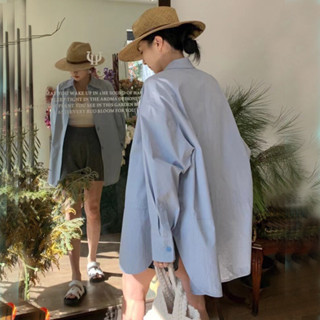 藍色polo領長袖襯衫女春夏季設計感防曬襯衣中長款遮屁股上衣襯衫 女襯衫長袖襯衫 女生襯衫 襯衫外套 女生襯衫藍色襯衫