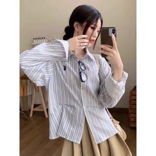 【HOT 本舖】 藍色條紋長袖襯衫女春秋內搭小個子設計感學院風法式掐腰上衣顯瘦
