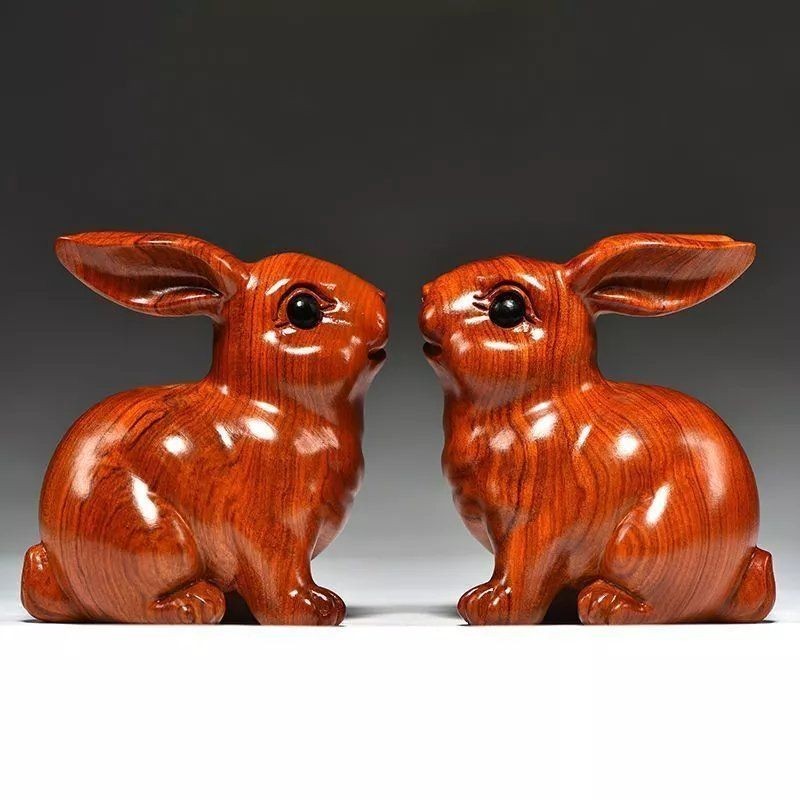 花梨實木雕刻兔子擺件十二生肖木頭兔家居風水客廳飾品女生日禮物