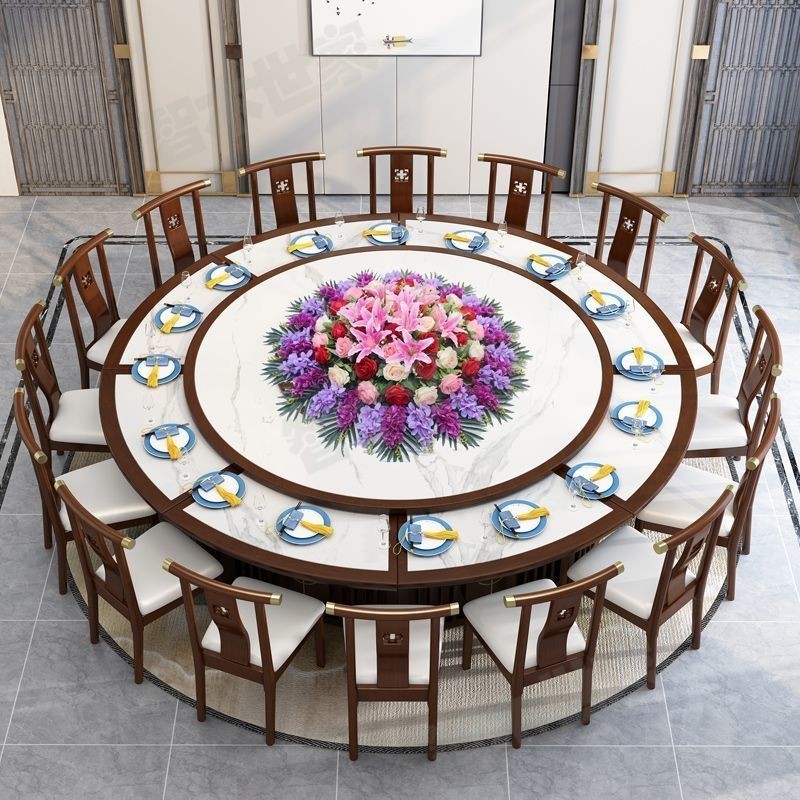 【臺灣專供】酒店新中式電動大圓桌家用餐桌椅組合15人30人可旋轉可訂製圓型桌