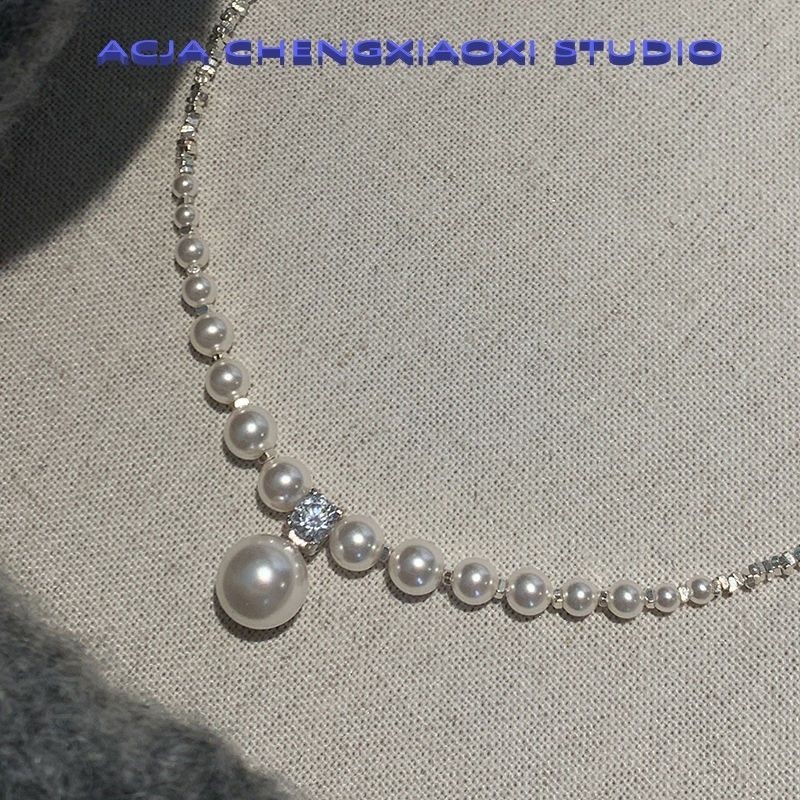 【工廠直銷】特價~S925純銀碎銀子施家珍珠項鍊女輕奢小眾鎖骨鏈頸鍊