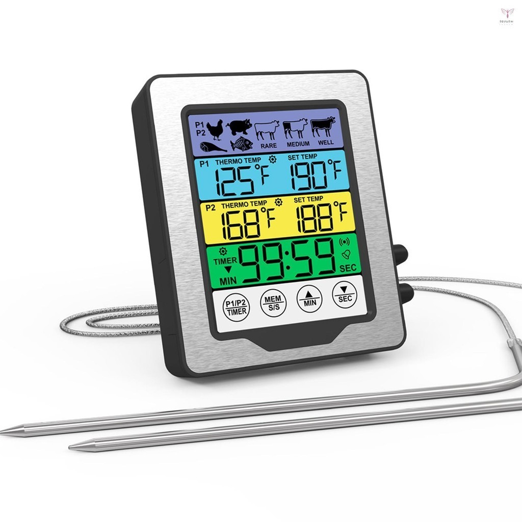 彩色觸摸屏數字食物溫度計烹飪肉類溫度計,帶雙溫度探頭,用於燒烤吸煙者燒烤廚房烹飪的數字烤箱溫度計,帶 7 P