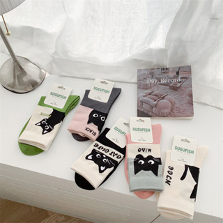 【】SUSUFISH襪子女韓版卡通貓咪中筒襪可愛精梳棉無骨薄棉襪