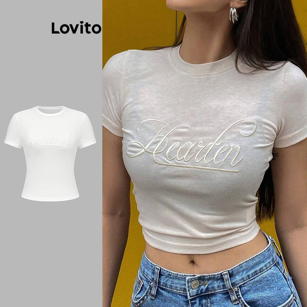 Lovito Casual Plain Embroidery T-Shirt for Women L85AD206