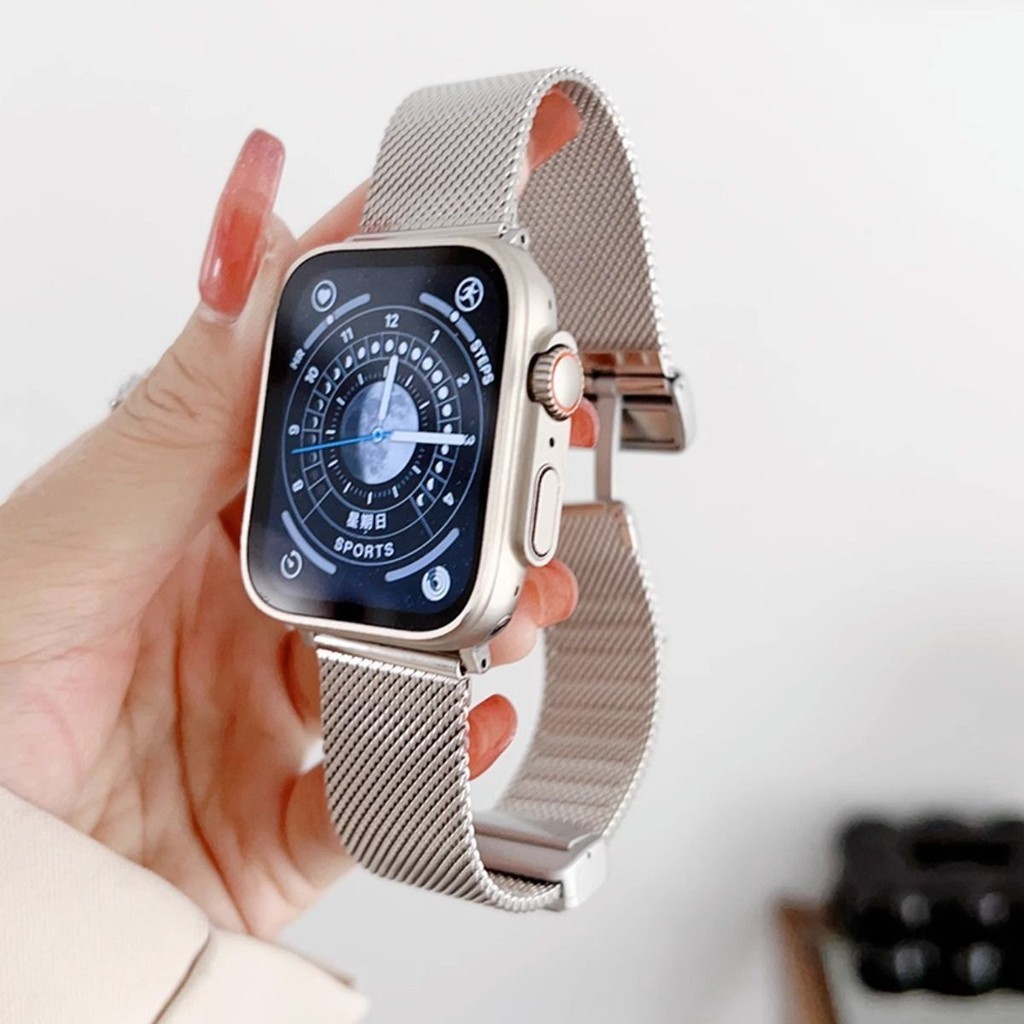 手錶錶帶適用蘋果apple iwatch 手錶錶帶 s9通用 米蘭尼斯 磁吸折疊扣 金屬錶帶