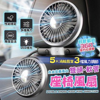 [泰格爾]新款 軟管車用頭枕 雙頭風扇 角度任意調 大風量 低噪音 LED燈 三檔風速 Type-C孔供電 #C680