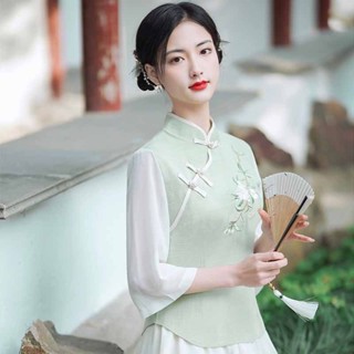 【小七】民族風上衣 國風上衣 春夏新款純棉新中式旗袍立領中國風女裝國潮上衣復古拼接藝文T恤