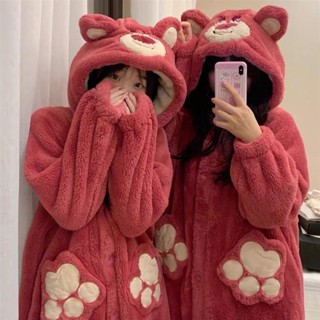 珊瑚絨睡衣女刷毛加厚草莓熊睡袍2024年法蘭絨大尺碼家居服
