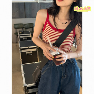 女大童背心大碼數可親子撞色針織複古打底吊帶背心夏季辣妹新款短款美背紅色條紋無袖上衣