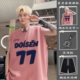 三件式復古潮流無袖套裝男寬鬆印花無袖t恤#三件式復古潮流無袖套裝男寬鬆印花無袖t恤