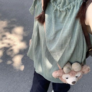 【HOT 本舖】 夏季新款韓版寬鬆綁帶學生背心寬鬆小清新無袖格子上衣女掛脖襯衫