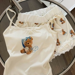[帶胸墊]可愛小熊吊帶睡衣女 夏天法式蕾絲花邊涼感居家服 吊帶短褲兩件套 自帶罩杯純欲風家居服 熊熊睡衣系列