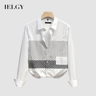 IELGY 夏季男士豎條紋襯衫長袖時尚拼接休閒百搭上衣