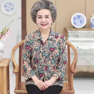 【現貨】1073人好評中老年春秋季襯衫女長袖奶奶裝翻領冰絲襯衫老太太媽媽裝寬鬆上衣3.27ty