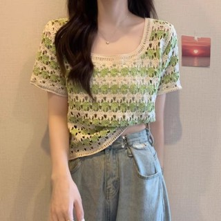 【HOT 本舖】 U領復古條紋短袖針織衫女夏季鏤空鈎花泫雅風小個子寬鬆短款上衣
