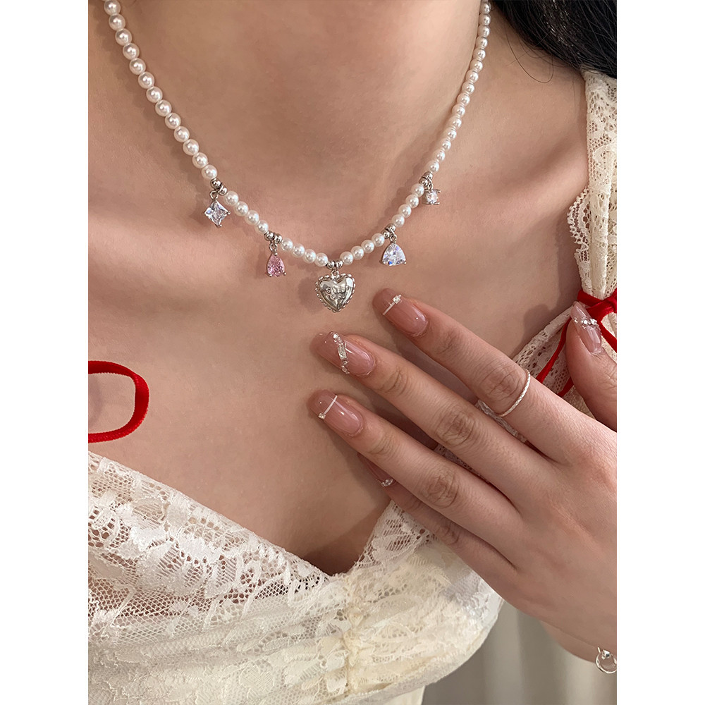 S925純銀珍珠愛心項鍊女甜酷重工個性復古潮流鎖骨鏈首飾頸鍊