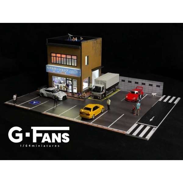 新品現貨GFANS 1/64 店鋪建築場景模型專用汽車停車場景燈光擺件