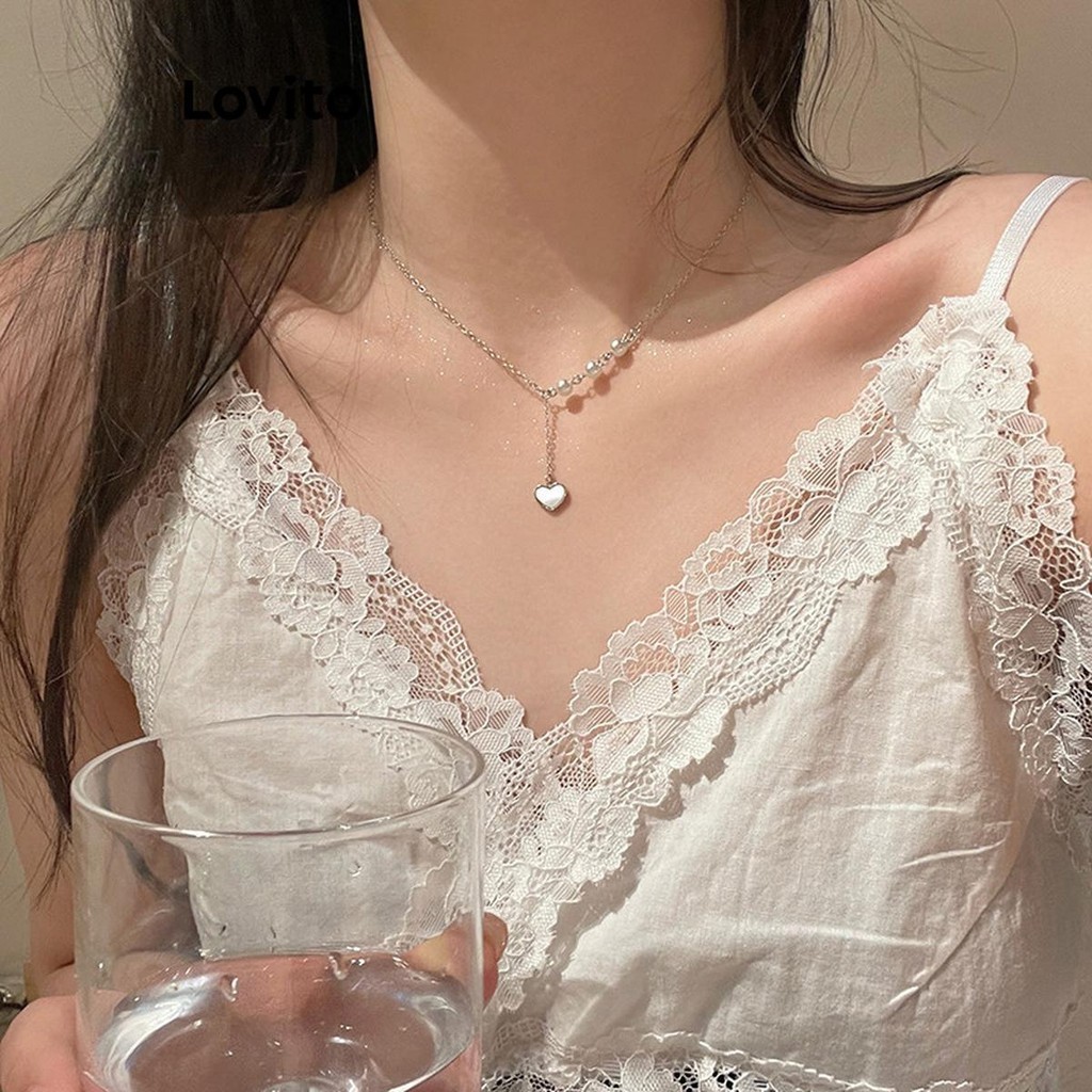 Lovito 女士休閒心型珍珠心型項鍊 LFA23319