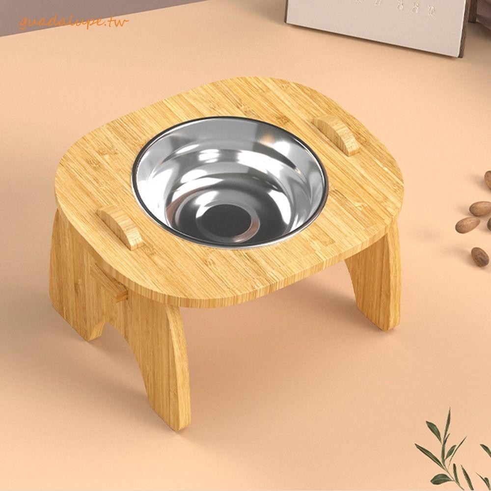 GUADALUPE高架貓碗,15°傾斜角木製支架凸起的寵物碗,不銹鋼碗防滑陶瓷碗狗餵食器