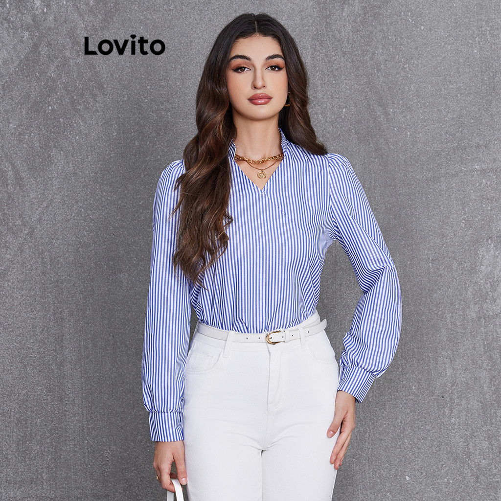 Lovito 女士優雅條紋褶邊泡泡袖襯衫 LBL20161