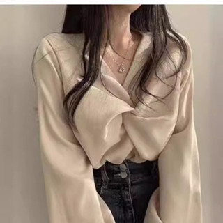 韓國chic春季法式氣質褶皺V領扭結設計寬鬆休閒素色長袖襯衫上衣